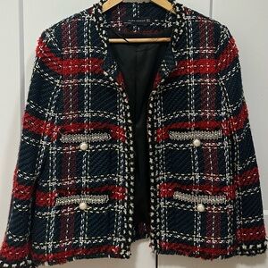 Zara Navy, Red & White Plaid Tweed Blazer